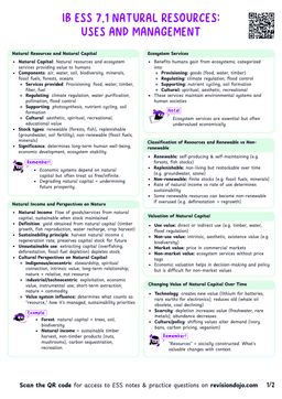 IB ESS 7.1 Natural resources - uses and management Cheatsheet
